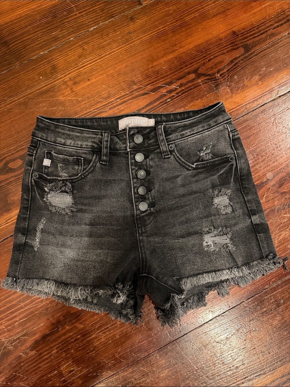 Just USA Black Distressed Button-Front High-Rise Jean Shorts